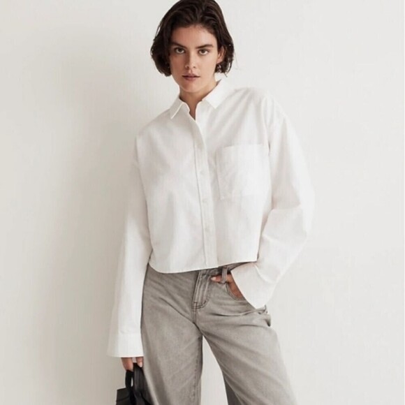 Madewell Tops - Madewell Oversized Signature Oxford Crop Shirt White Womens Medium Pocket Collar
